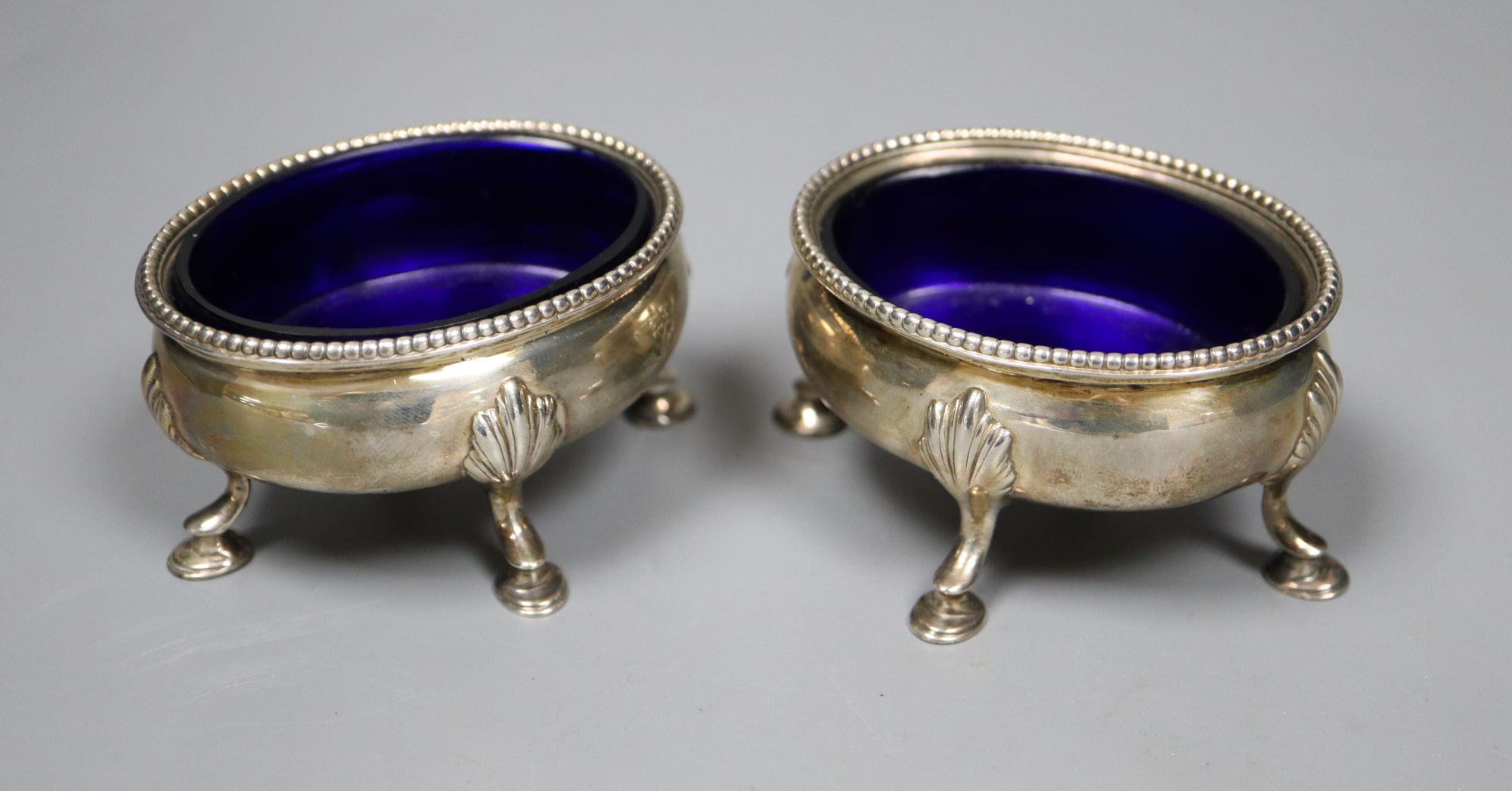 A pair of George III oval silver salts, by Hester Bateman, London 1777/8, 73mm,